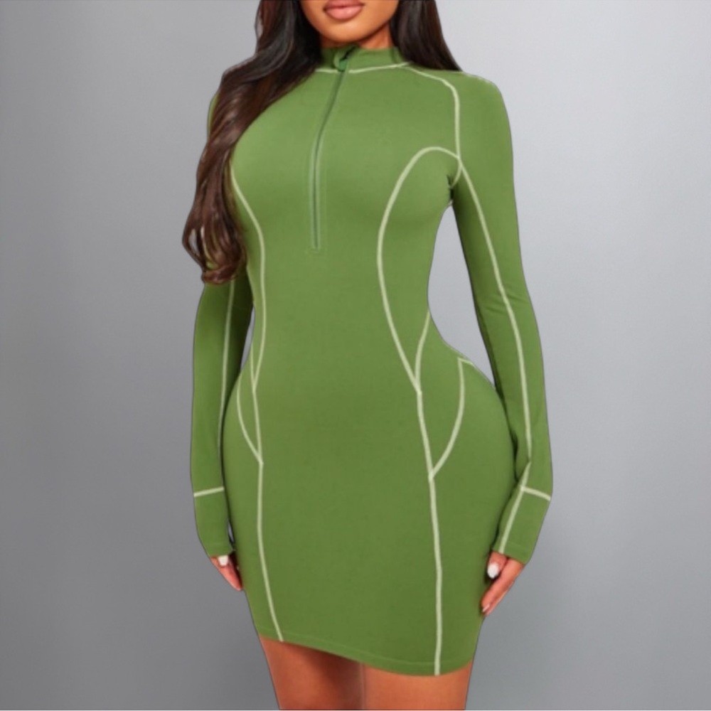 PrettyLittleThing NWT! Olive Green Zip Bodycon Dress
